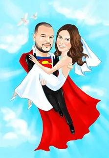 Свадебный шарж пары в образе супергероев