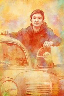 Портрет мальчика, который стоит за старой машиной, отрисованный в стиле Гранж на желтом абстрактом фоне, художник Павел Д