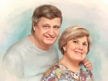 Портрет пары отрисованный на абстрактом  голубом фоне в стиле под масло, художник Анастасия К