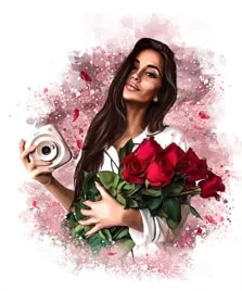 Портрет девушки в стиле бьюти-арт, в руках у девушки белый фотоаппарат и букет красных роз, фон в белых и красных цветах, художник Оксана
