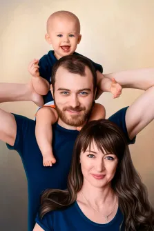 Семейный портрет в стиле Бьюти из трёх человек: голубоглазый мужчина с бородой держит на плечах ребёнка, рядом стоит девушка с каштановыми волосами, вся семья в синих футболках, художник Анастасия 