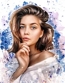 Женский портрет девушки в белом на розово-голубом фоне в стиле бьюти-арт
