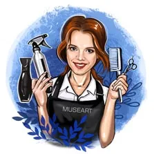 Портрет девушки парикмахера в стиле шарж на синем фоне, художник Александра