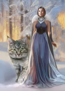 Женский портрет в стиле Фэнтези: девушка в зимнем лесу одета в синее платье, рядом огромный кот, художник Антонина