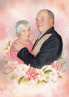 Портрет пожилой пары в стиле flower art на нежном светлом фоне, художник Ольга
