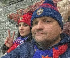 Фотомозаика для пары, мужчина и женщина в шапках с логотипом футбольной команды "ЦСКА", художник Анна