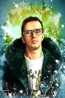 Мужской портрет в стиле Гранж: кареглазый мужчина в очках на абстрактном зелёном фоне, художник Валерия 
