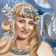 Портрет девушки блондинки с лебедем написан под цветной карандаш, художник Александра