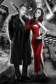 Портрет пары в образе героев комикса, девушка в красном платье и с сигаретой в руке и молодой человек в чёрном пальто и с ружьём на плече, художник Александра