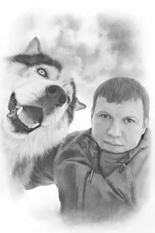 Мужской портрет в стиле карандаш, мужчина с собакой породы "Хаски", художник Антонина
