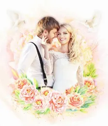 Парный Свадебный портрет в стиле Flower Art: девушка блондинка в белом платье и молодой человек в белой рубашке и подтяжках изображены на светлом цветочном фоне, художник Ольга