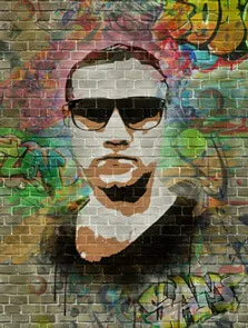 Портрет в стиле Граффити мужчины в солнцезащитных очках и в чёрной футболке, художник Анна