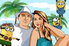 Портрет пары на курорте с прорисовкой в стиле Комикс с миньонами и пальмами, художник Александра