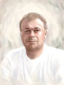 Портрет кареглазого мужчины в белой футболке написан под масло на белом фоне, Александра