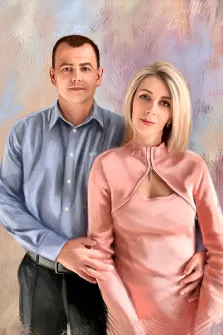 Парный портрет маслом, молодой человек в синей классической рубашке обнимает девушку блондинку в розовом платье, художник Александра 