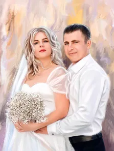 Парный свадебный портрет маслом, девушка с белыми волосами, в свадебном платье и с букетом в руках, мужчина в белой классической рубашке обнимает девушку, художник Александра 