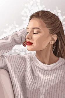 Женский портрет в стиле Поп-арт, русоволосая девушка с накрашенными губами и в белом свитере изображена на нейтральном светлом фоне, художник Юлия