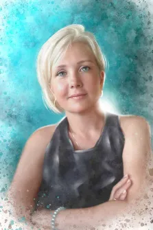 Акварель, художник Татьяна, женский портрет на голубом фоне в темном платье