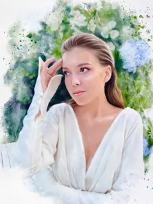 Акварель, художник Татьяна, портрет девушки в белом платье на фоне белых и голубых цветов