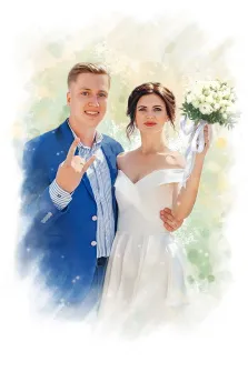 Парный свадебный портрет в стиле Акварель, молодой человек в синем пиджаке и девушка в белом свадебном платье и с букетом в руке, художник Евгения 