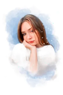 Кареглазая девушка с прямыми русыми волосами изображена на светлом фоне, портрет в стиле Акварель, художник Евгения 