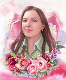Flower Art, художник Антонина, портрет девушки в зеленой рубашке в окружении цветов