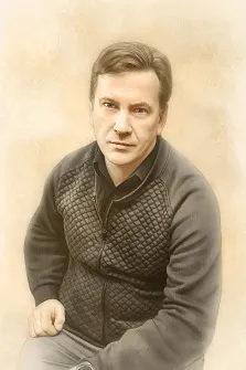 Карандаш, художник Антонина, мужской портрет в свитере на теплом желтоватом фоне