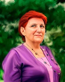 Женский портрет Под масло, пожилая женщина с короткими красными волосами одета в фиолетовый пиджак, фон выполнен в зелёных тонах, художник Павел 