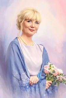Маслом, художник Анастасия, портрет москвички в пастельных тонах с розами в руках