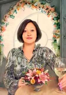 Женский портрет маслом - женщина средних лет с темными волосами и серыми глазами с бокалом шампанского на фоне круглого окна с цветами в вазе на столе, автор Анастасия