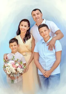 Семейный портрет на четыре человека на светлом фоне, портрет стилизован под масло, художник Анастасия 