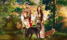 Парный портрет в стиле под масло, мужчина и женщина в традиционных славянских одеждах в лесу среди диких животных, художник Павел 