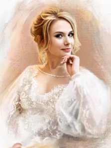 Женский портрет Под масло, девушка блондинка в белом кружевном платье на нейтральном светлом фоне, художник Александра 