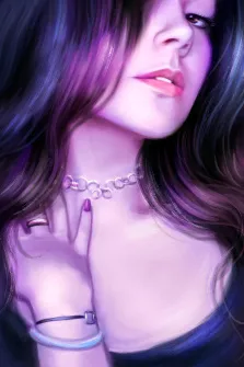 Женский портрет Под масло, кареглазая девушка с маникюром, картина исполнена в фиолетовых тонах, художник Анастасия 