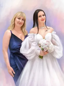 Женский портрет маслом: кареглазая женщина со светлыми волосами и в синем платье слева и девушка справа в свадебном платье с букетом в руках, художник Анастасия 