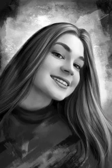 Портрет длинноволосой девушки маслом в черно-белых тонах, художник Лариса