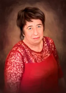 Портрет голубоглазой женщины в красном платье на коричневом фоне выполнен Под масло, художник Анастасия 