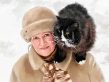 Женский портрет Под масло, зеленоглазая женщина в зимней одежде с котом на плече изображена на нейтральном белом фоне, художник Александра 