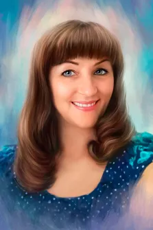 Портрет голубоглазой девушки с каштановыми волосами на цветном фоне, портрет нарисован Под масло, художник Анастасия 