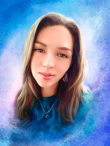 Девушка с русыми волосами на ярком синем фоне, портрет Под масло, художник Артём