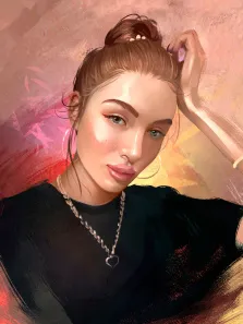 Портрет девушки с завязанными волосами выполнен в стиле под масло на цветном абстрактном фоне, художник Александра 