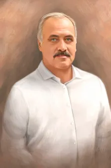 Портрет усатого мужчины в белой рубашке стилизован Под масло на нейтральном фоне, художник Анастасия 