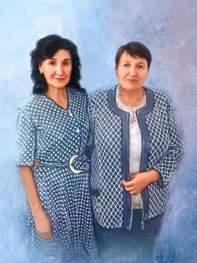 Женский портрет Под масло: две женщины пожилого возраста на нейтральном синем фоне, художник Виктория 