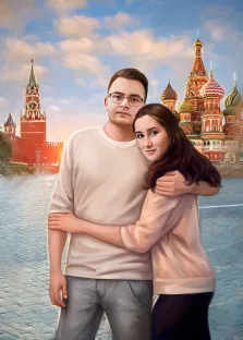 Портрет пары на Красной площади в Москве в стиле под масло, художник Павел, девушка с длинными каштановыми волосами обнимает молодого человека в очках