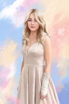 Портрет девушки-блондинки в белом платье на нежном цветном фоне, картина написана Под масло, художник Софья 