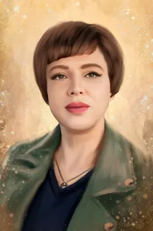 Портрет кареглазой девушки с короткой стрижкой на нейтральном светлом фоне выполнен в стиле Под масло, художник Юлия 