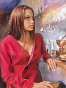 Портрет девушки в красном пальто в стиле Под масло на фоне бара, художник Анна