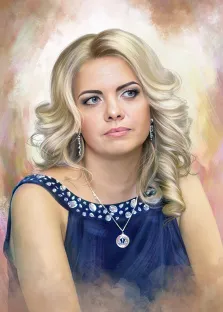 Портрет голубоглазой девушки блондинки в синем в стиле Под масло на абстрактном светлом фоне, художник Лариса
