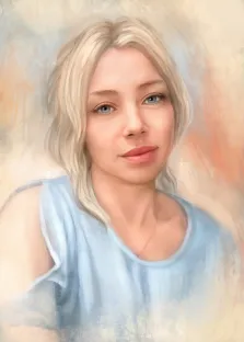 Портрет девушки блондинки с голубыми глазами на абстрактном светлом фоне в стиле Под масло, художник Анастасия 