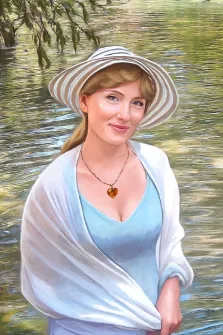 Портрет девушки в шляпе на фоне озера в стиле Под масло, художник Софья 